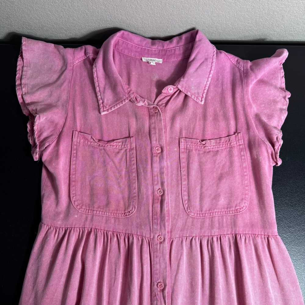 Jodifl Pink Acid Wash Tiered Mini Dress Button Front Flutter Sleeve B21842 Small - Picture 4 of 7
